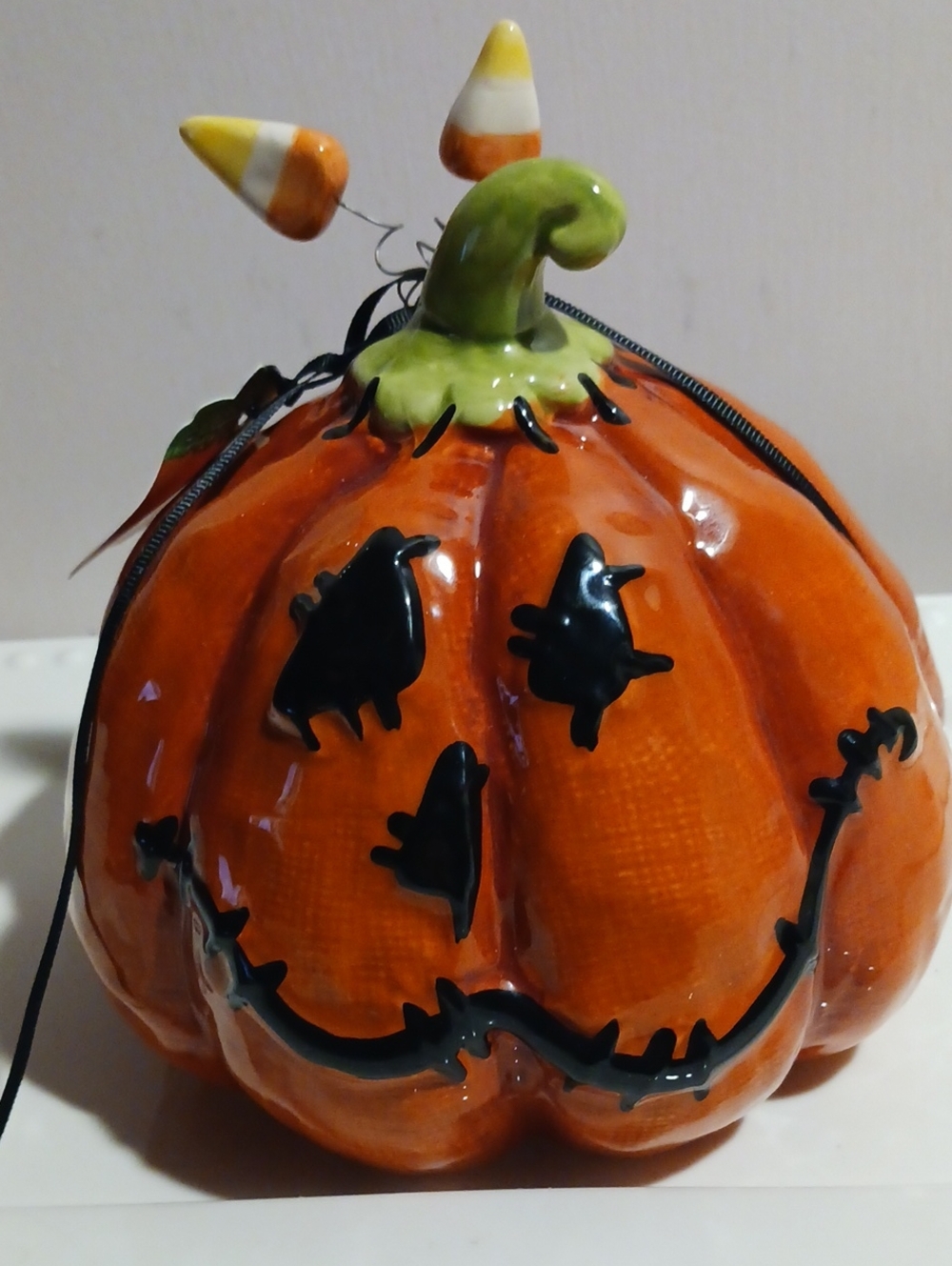 Blue Sky Clayworks Ceramic Halloween Pumpkin Candy Corn Accent & Stich Design 🎃